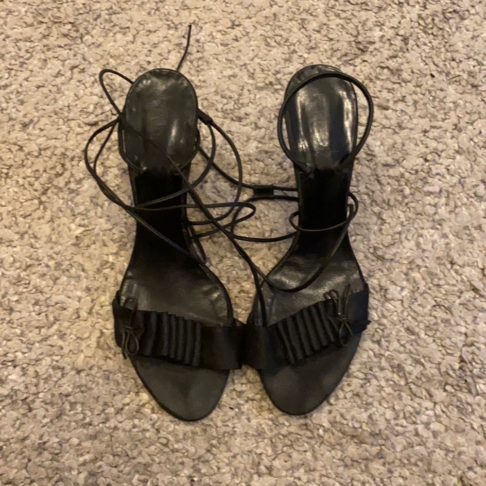 Fendi Black Leather Lace-Up Open-Toe Heels with Pleated Bow